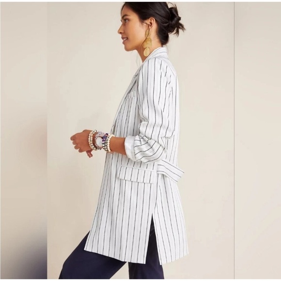 ANTHROPOLOGIE LONGLINE THIN STRIPE OPEN FRONT BLAZER POCKETS SIZE SMALL NWT - Picture 5 of 14
